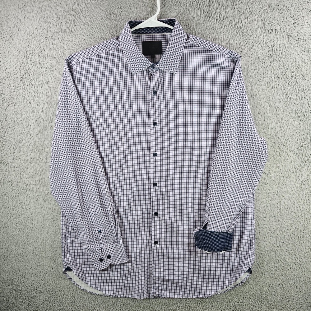 WRK‎ Mens Purple Micro Check Button Down Shirt Long Sleeve Contrast Cuff 17.5
